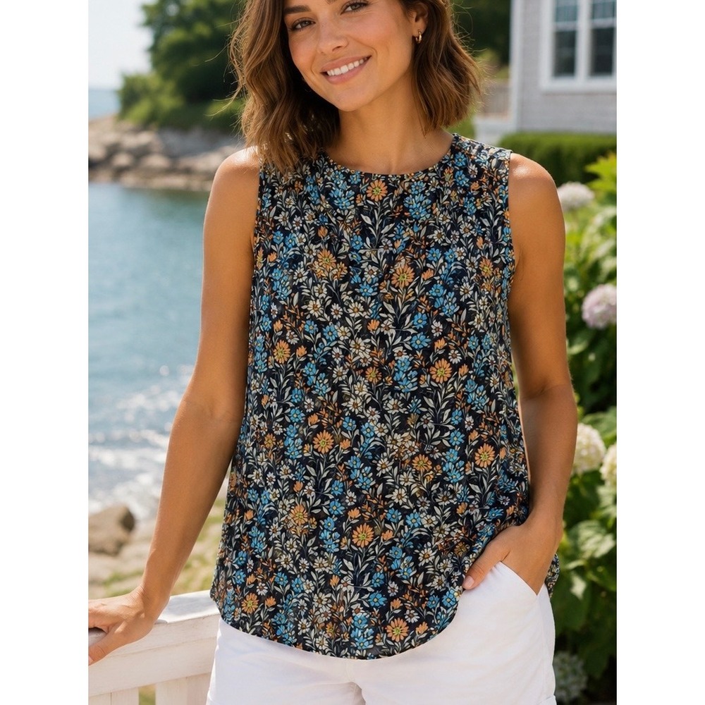 Cristina B Womens Sleeveless‎ Blouse Navy Blue Floral Print Small Summer Casual